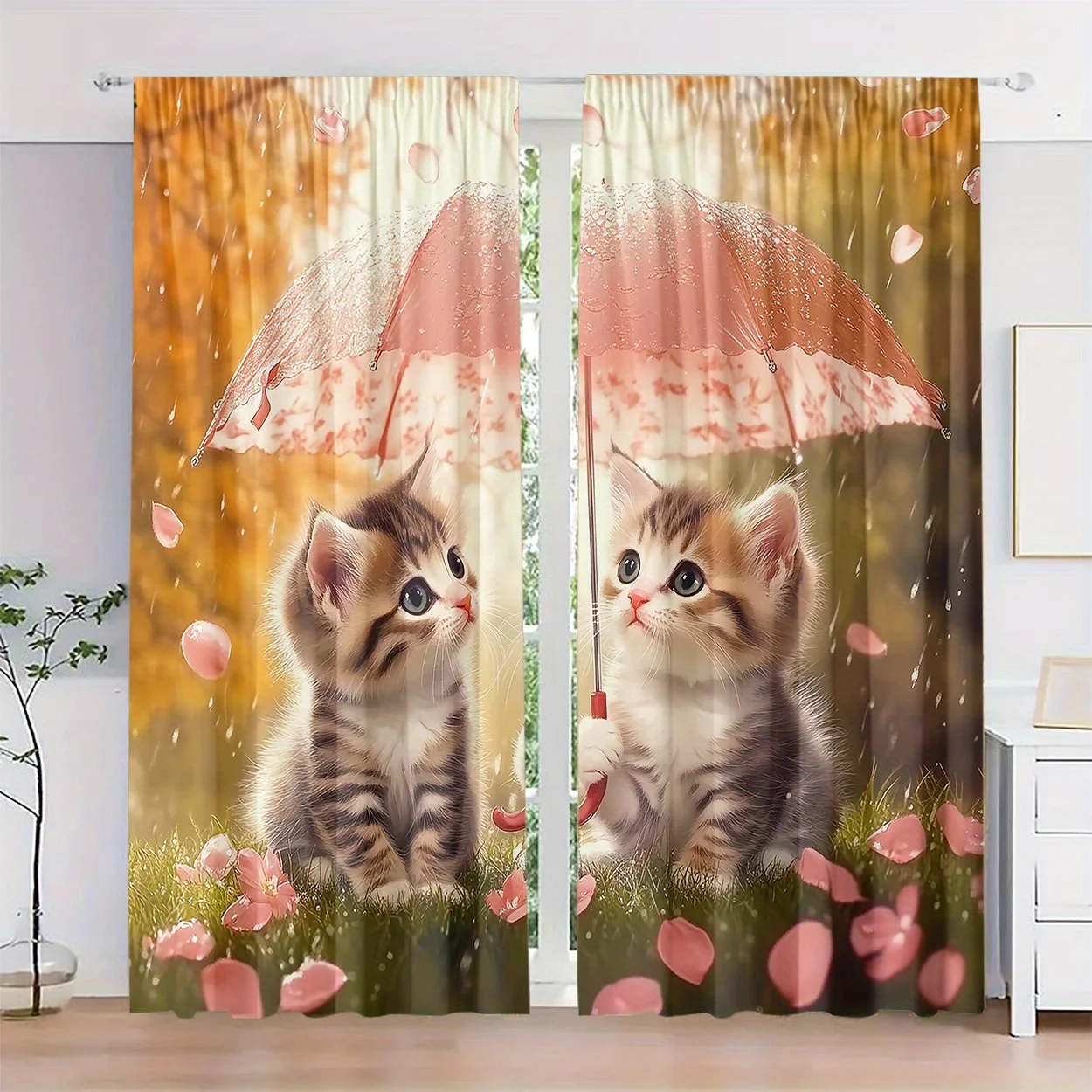 Spring Kitten Rod Pocket Curtain Twin Tabby Cats Lace Parasol Falling Petal Soft Warm Pattern Lovely Bedroom Living Decoration
