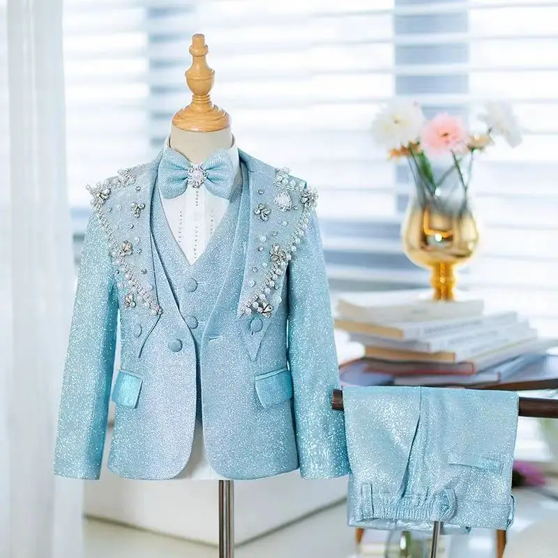 High Quality Children Tuxedo Suit Custom Logo Size Slim Fit Boys Wedding Suit 5-Pieces Suit A3742
