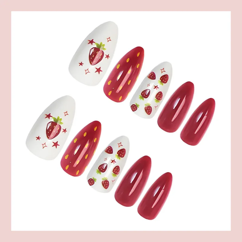 24PCS Zoete Aardbei Ster Boog Druk op Acrylnagels Amandelroze Kawaii Schattig Liefde Valse Nagels voor Vrouwen Meisjes Nepnagels Tawsier Itt