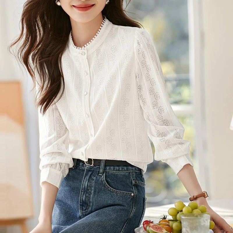 Women Korean Fashion Hollow Lace Button Up Shirt Office Lady Elegant Stand Collar Blouse White Long Sleeve Slim Tops Blusas 2024