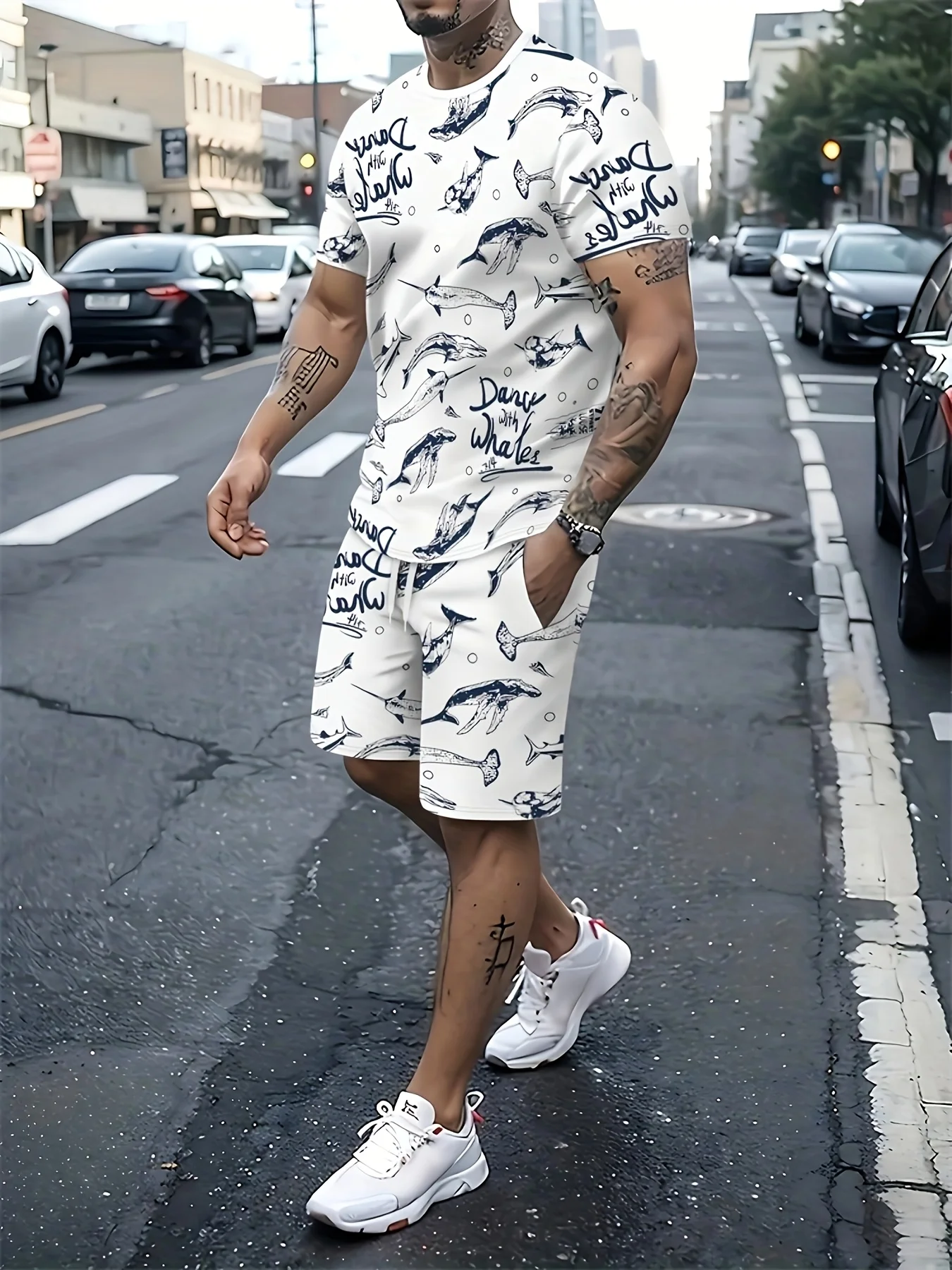 

A new 3D graffiti print men's short-sleeved top and shorts two-piece set for the summer of 2025 Harajuku street fashion and casu