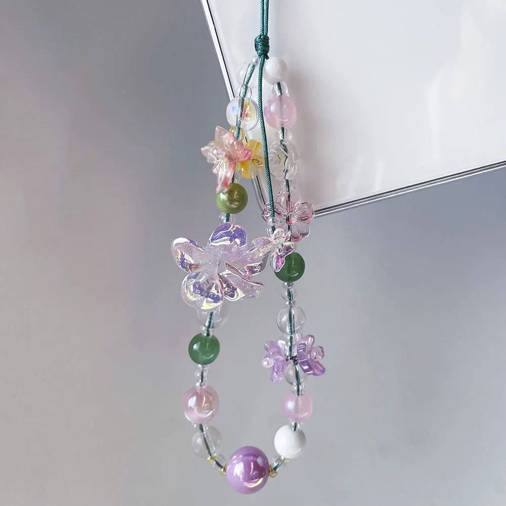 Purple Flower Phone Charm Pink Yellow Flower Butterfly Beads Fairycore Strap Keychian Camera Backpack Decor Jewlery for Women