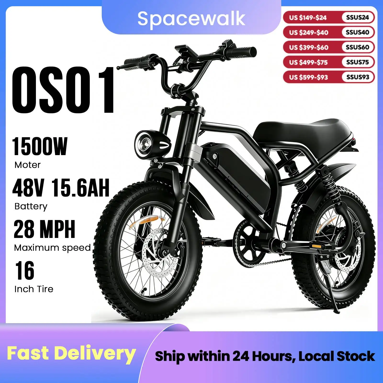 

Spacewalk 16" Electric Bike for Adults/Teens, Peak 1500W & 65 Miles Long Range, 48V 15.6Ah Battery, Up to 28Mph, Full Suspension Fat Tire All-Terrain EBike on Mountains,Snow,Sand