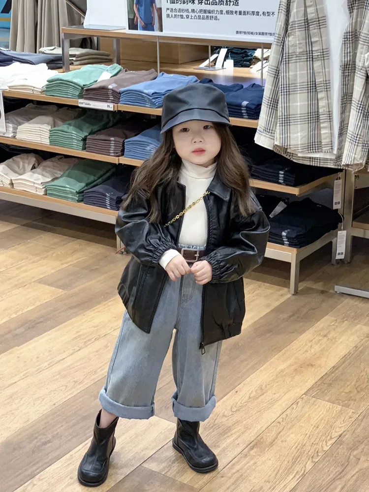 Children\'s Solid Black Leather Coat 2024 New Spring Autumn Windproof Elastic Cuffs Fashion Lapel Korean Style Zipper Outwear