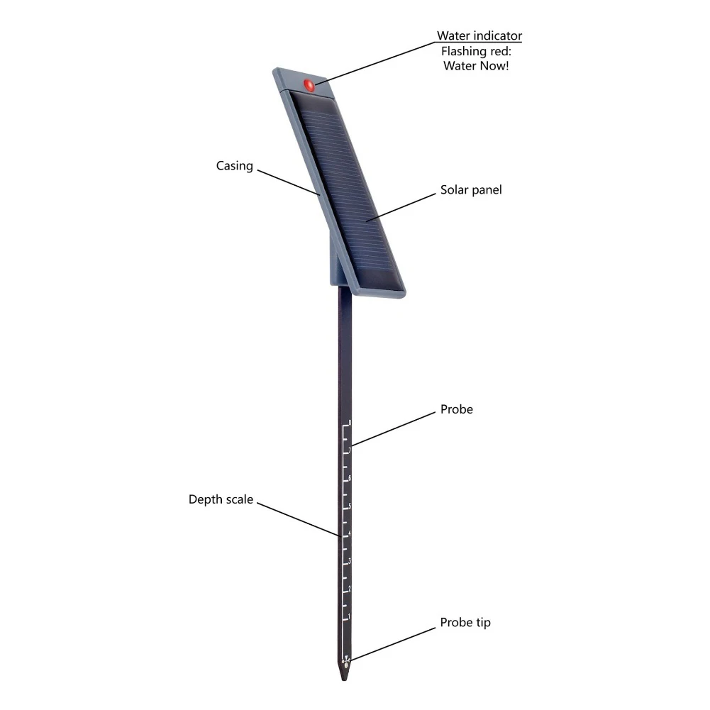 Plant soil moisture meter with red flashing indicator for watering needs solar powered sensor with adjustable insertion depth
