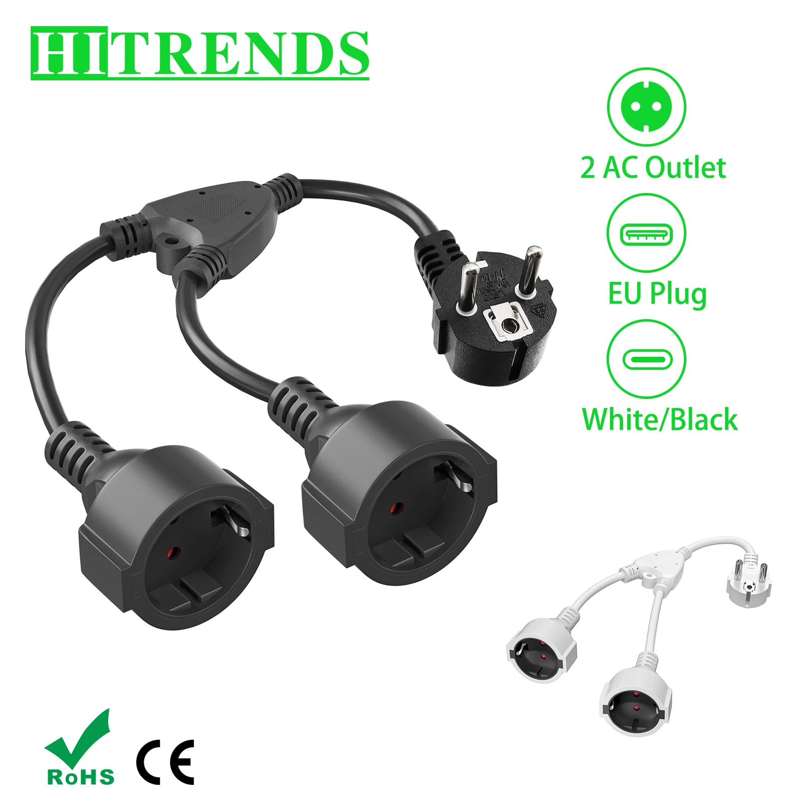 European EU Plug Extension Cable With Dual Plugs, Male to Female Power Extension Cord Electric Socket Waterproof IP20 Outdoor