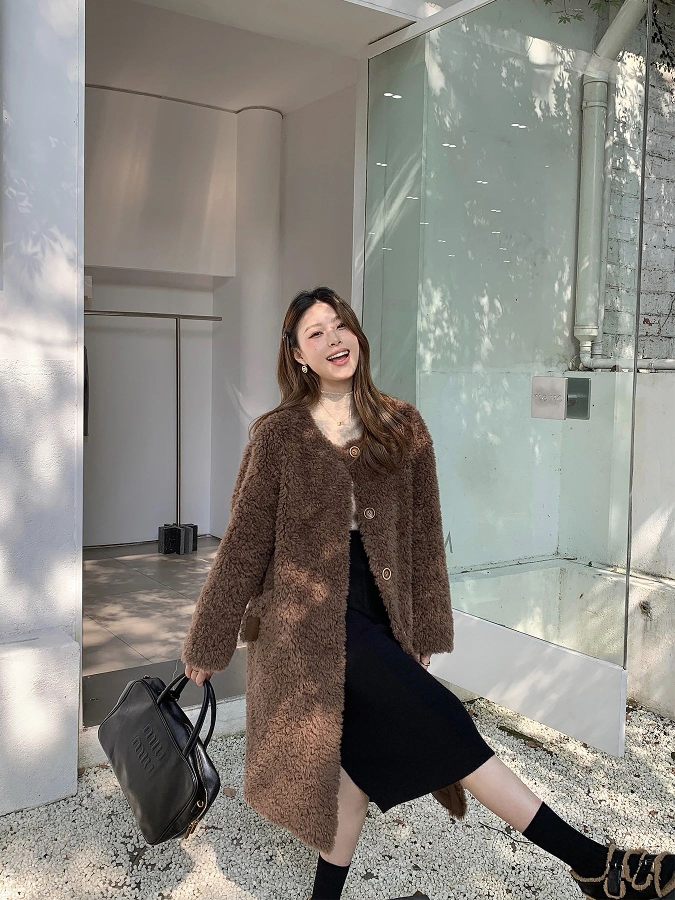 

Корейское длинное пальто-пуховик из овчины для женщин, комбинированное из кожи и меха, с отделкой из австралийского меха ягненка