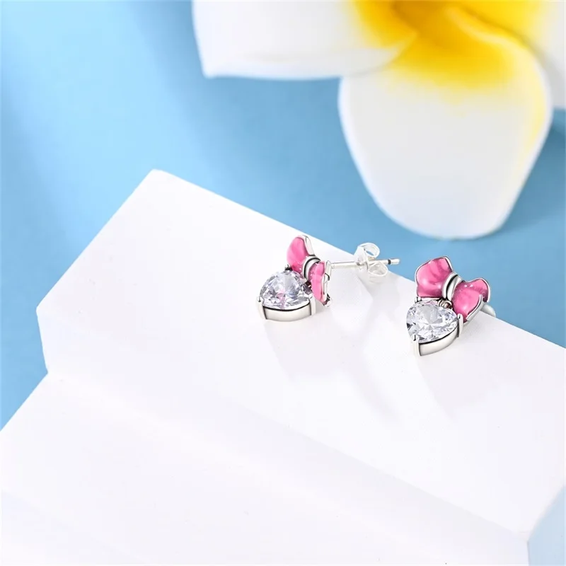 100% 925 Sterling Silver Pink Color Bow Butterfly Rose Flower Drop Earrings For Women Girl Wedding Party Luxury Fashion Jewelry