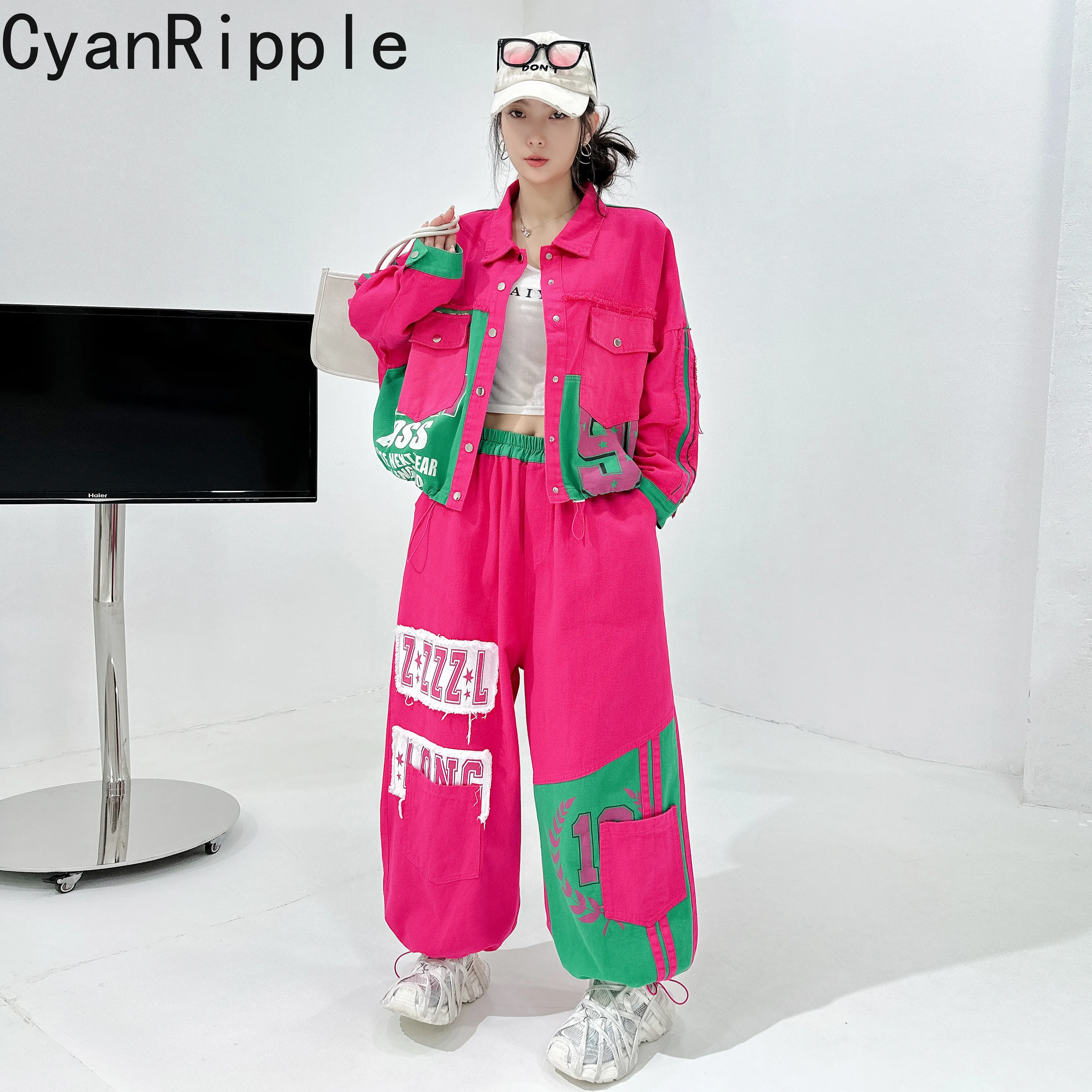 Fashion New Autumn Rose Pink Women Denim Set Patch Embroidery Single-breasted Cardigans Coat Elastic Waist Loose Lantern Pants