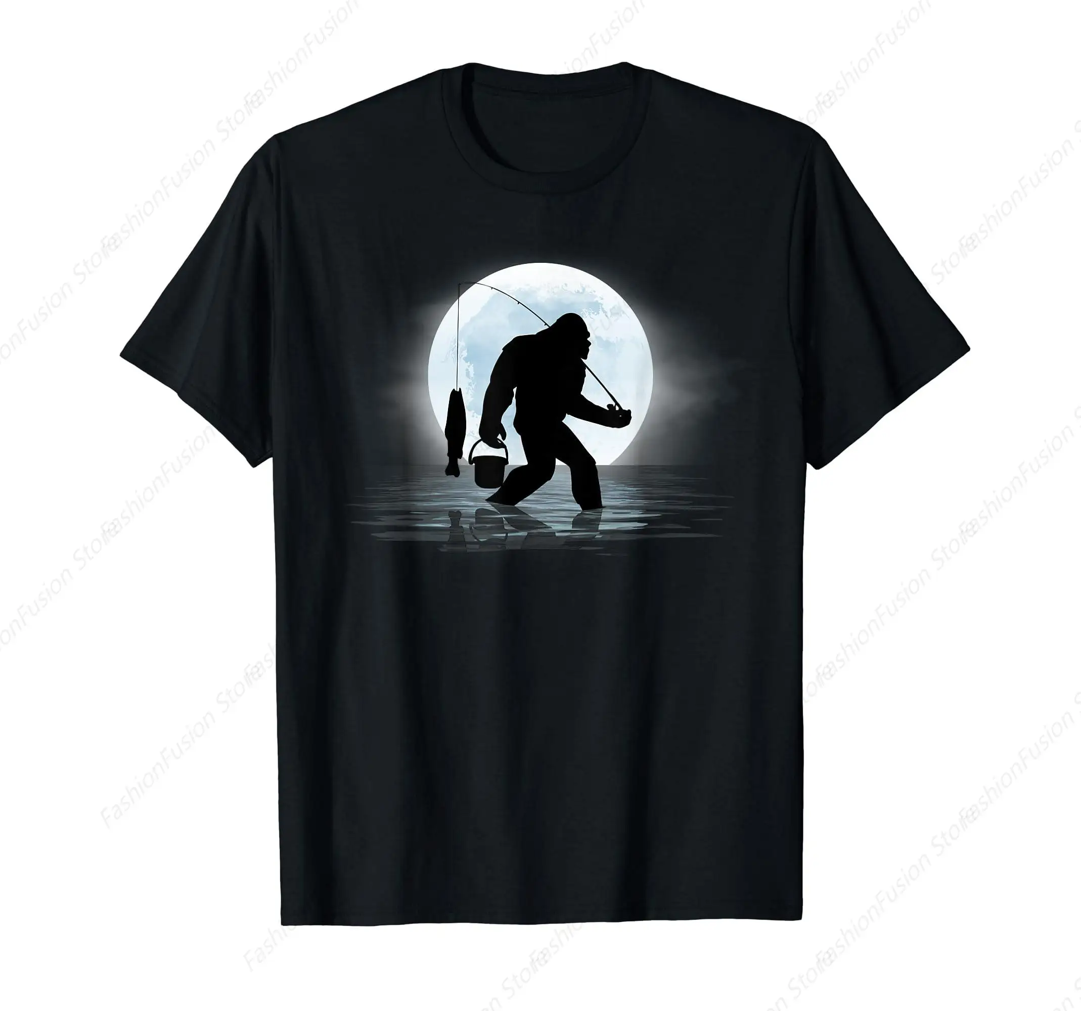 Bigfoot Fishing Tshirt Funny Sasquatch and Fish Night Fishing T-Shirt Cotton O Neck Short Sleeves Mens Clothing Casual Tee Tops