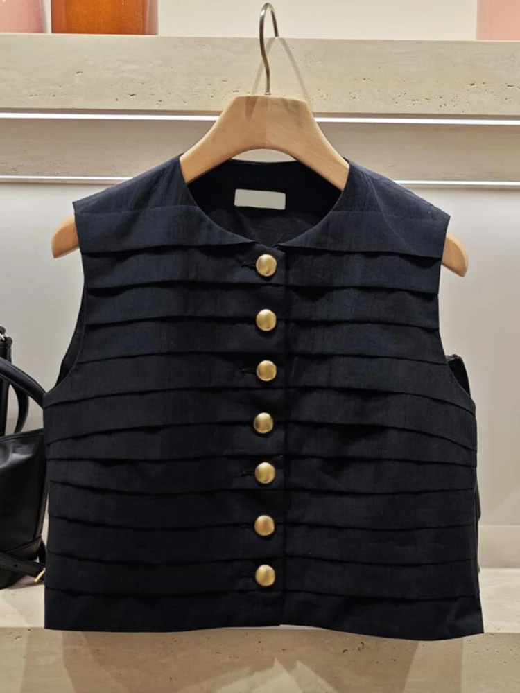 

S Home South Oil High End Women's Summer Hepburn Sle Pleated ort Vest irt Top Polyester Fiber Splice round Ne Single ...