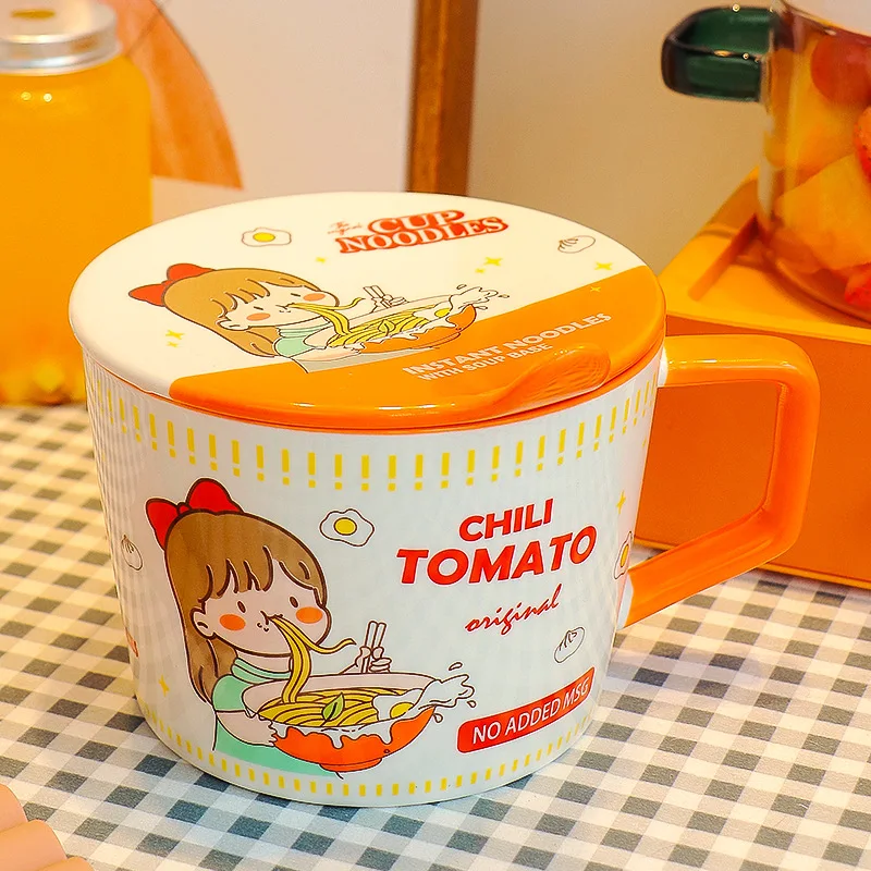 Cartoon Ceramic Bowl with Cover 950ml Cute Dishes Ramen Bowls Instant Noodle Plates Kitchen Tableware Student Office Lunch Box