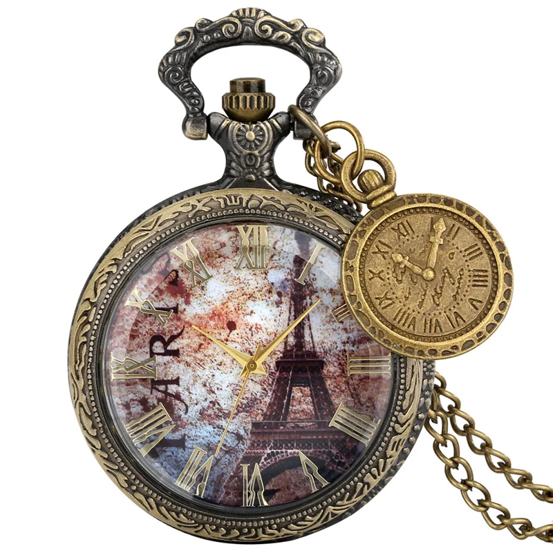 Antique Style Romantic Paris Eiffel Tower Half Hunter Men Women Quartz Pocket Watch with Pendant Gadget Necklace Chain Souvenir