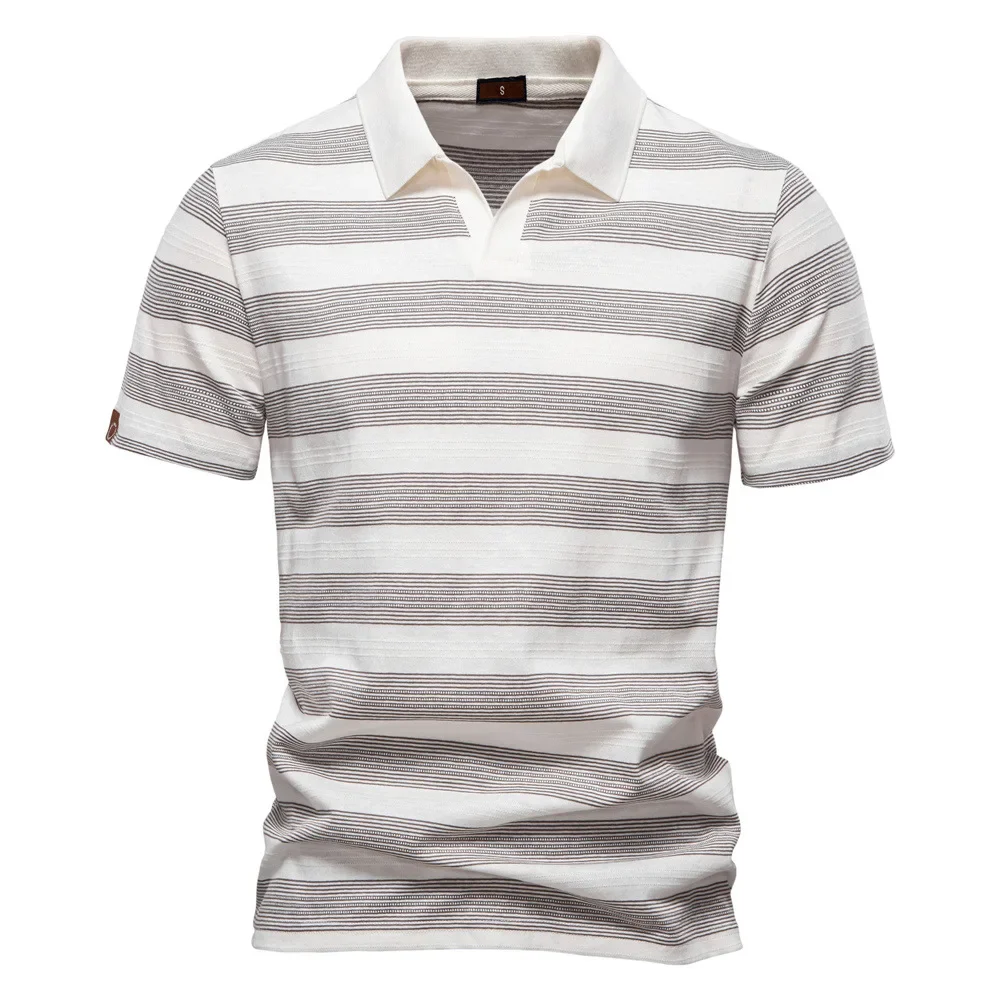 LIBIELIY 2025 Spring Summer Fashion Men's Striped Turn-down Collar Short Sleeve T-shirts Casual Trendy Cotton Polo Shirts Male C