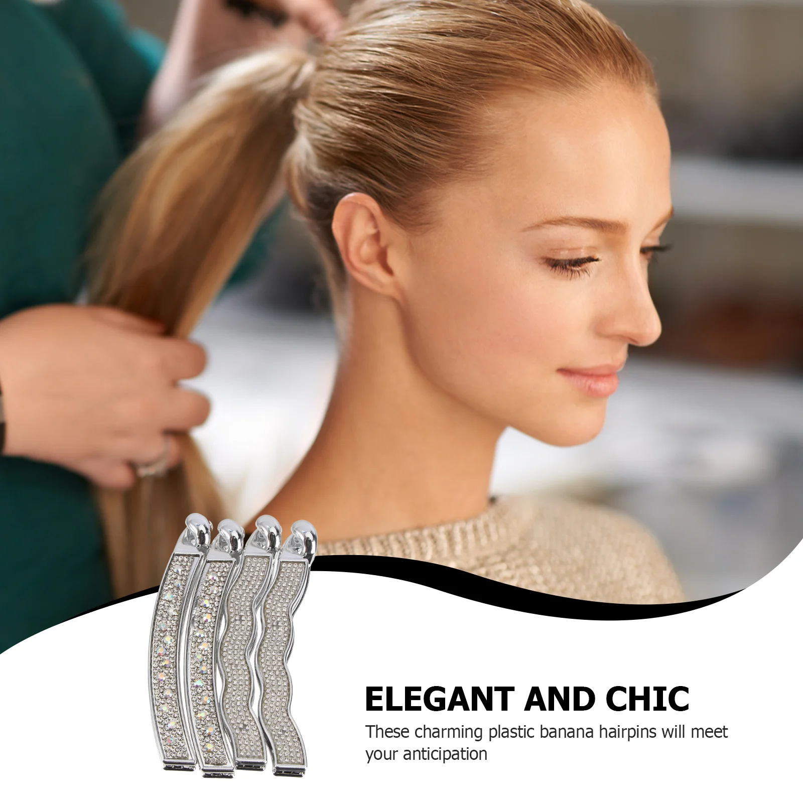 

4Pcs Rhinestone Banana Hair Clip Non-Slip Hairpins Stylish Hair Ponytail Holder for Women Wedding Party Rhinestone Hairpins