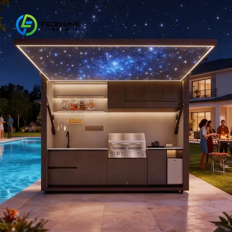 Stainless steel outdoor kitchen with sink and grill
