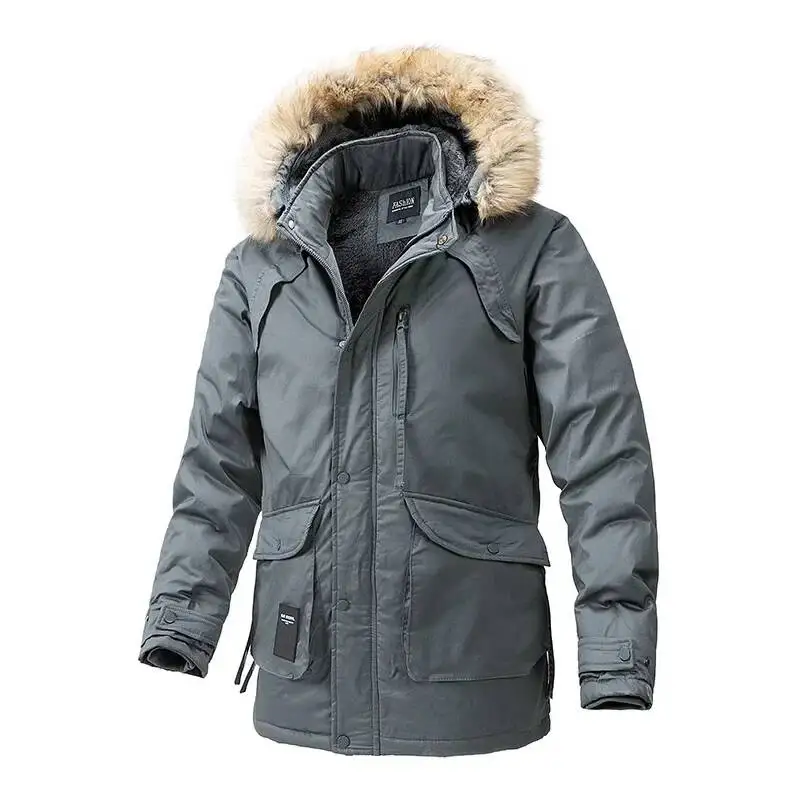 Men's Winter Long Cotton Jacket Hood Outdoor Warmth Fleece Pocket Middle-Length Coat With Fur Collar Casual Loose Fit
