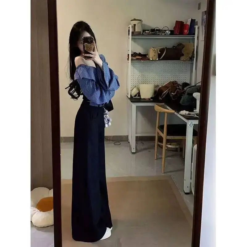 2026 봄 여성 투피스 세트 긴 소매 큰 칼라 셔츠 하이웨이스트 와이드 레그 팬츠 디자인 니치 시크 우아한 의상