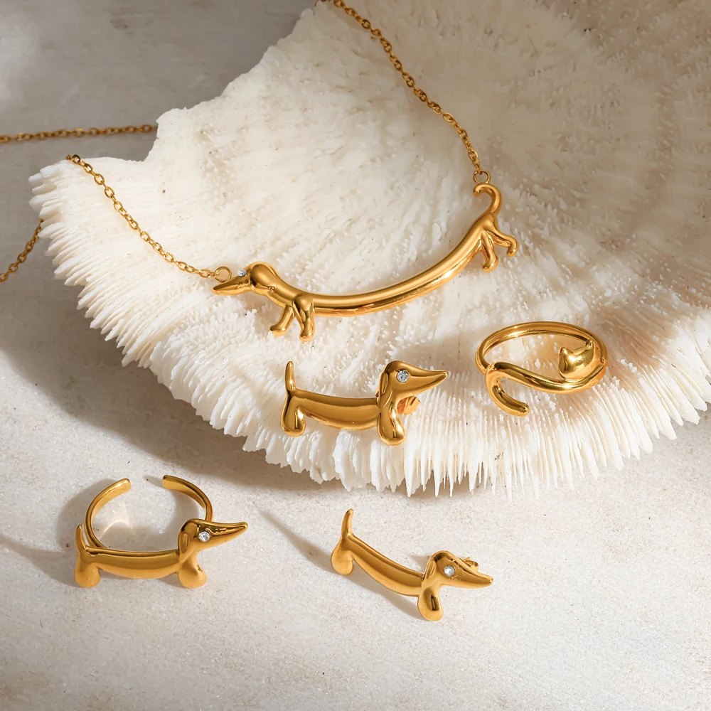 Niedliche Dackel-Anhänger-Halskette für Frauen, Haustier-Schmuckset, 18K vergoldeter 316L Edelstahl-Schmuck, Geschenke – Detail 4