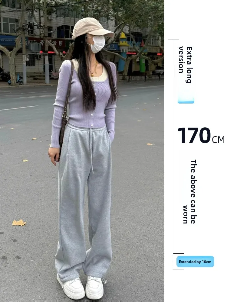 

Loose Wide Leg ey Sweatpants Women's Early Autumn Loose Elastic Waist Casual Pants Cuffed Long Length Comfortable Feel