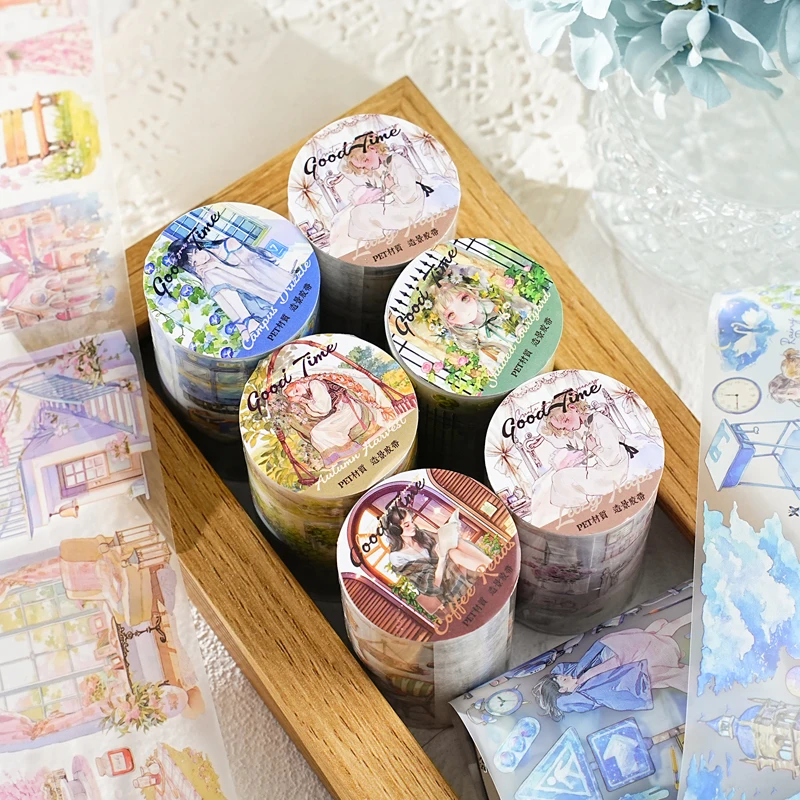 PET Tape Beautiful Time Series Garden Scenery Character Pattern Hand Account Landscape Tape DIY Greeting Card Cup Decoration