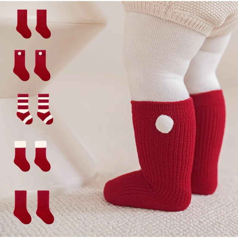 

2025 New Year Socks for Girls 0-12Y Kids Boys Christmas Warm Cotton Mid Calf Socks Festive Cozy Holiday Children's Accessories