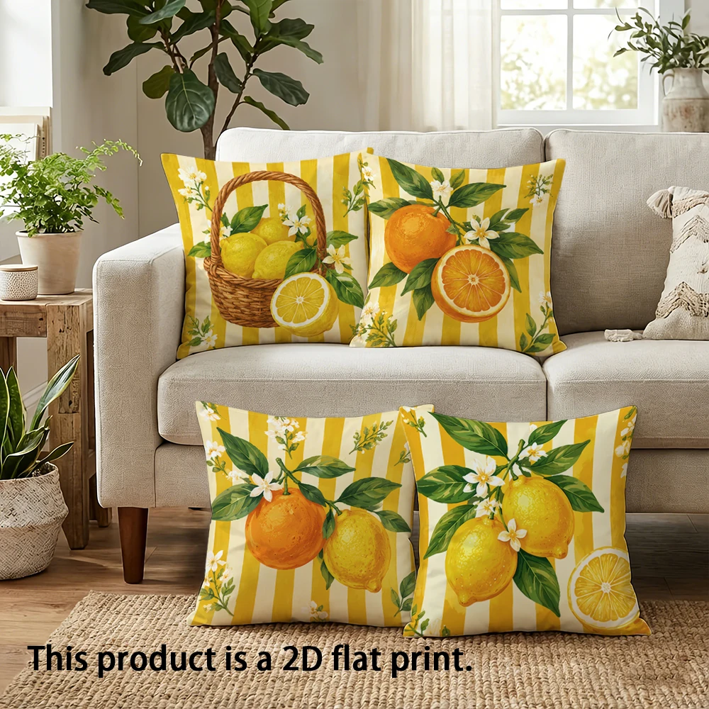 1pc  Retro Citrus Lemon Orange Striped Throw Pillow Covers, Farmhouse Summer Fruit Floral Cushion Cases for Home Sofa Decor