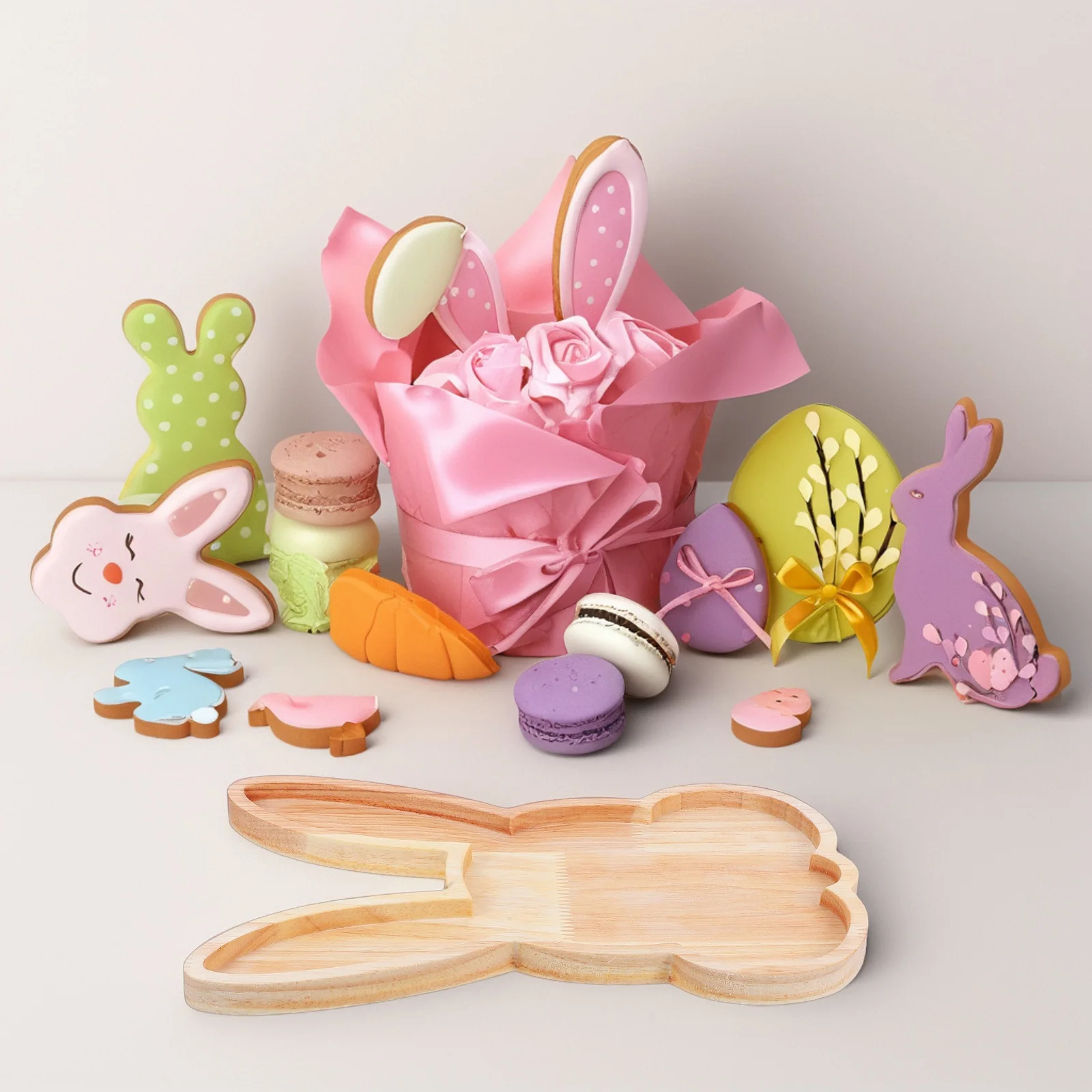 

Easter Bunny Charcuterie Wooden Serving Platter Rustic Rabbit Salad Tray Candy Bread Dessert Display Rustic Wooden Platter