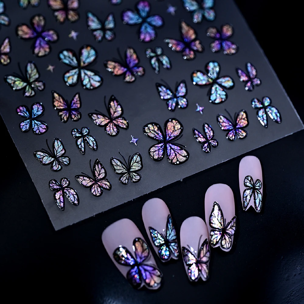 1 Stück 5D Traumhafte Laser-Glitzer-Schmetterling-Nagelaufkleber Glänzende Holographische Blaue Schmetterling-Nagelsticker Selbstklebende Maniküre-Zubehör – Detail 5
