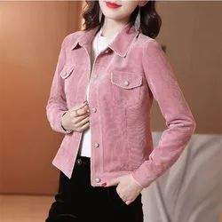 2023 Spring Autumn Pink Corduroy Short Jacket Women Small Coat Nail Bead Single-breasted Casual Outerwear Lady Tops With Lining