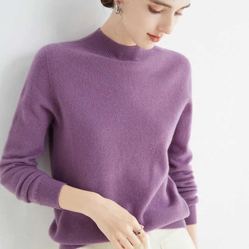 Suéter de Cachemira de lana merina para mujer, suéter de punto de cuello alto, jerséis de manga larga, ropa cálida, Tops de otoño e invierno, 100%