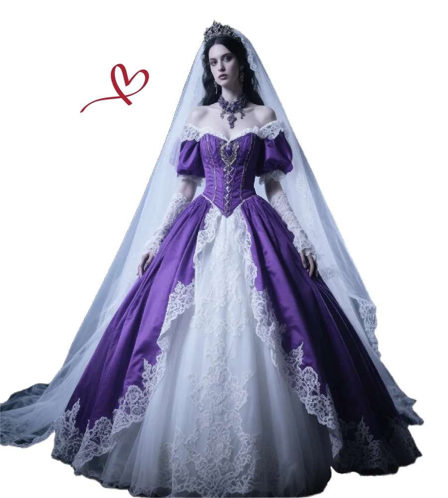 Princess Purple And White Wedding Dress 2025 Puff Sleeve Renaissance Victorian Gothic Bridal Gown Lace Bustle Bride Customized