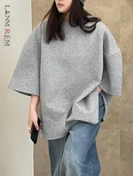 [LANMREM] Fashion Casual Loose Split T-shirt For Women Solid O-neck Short Sleeve Tops Korean Style 2024 Autumn New 26D1053