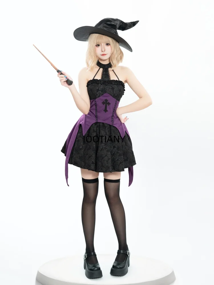 Halloween New Fashion Sexy Witch Cosplay Costume Women Black Halter Neck Dress Dance Performance Fancy Dress Sister Costume