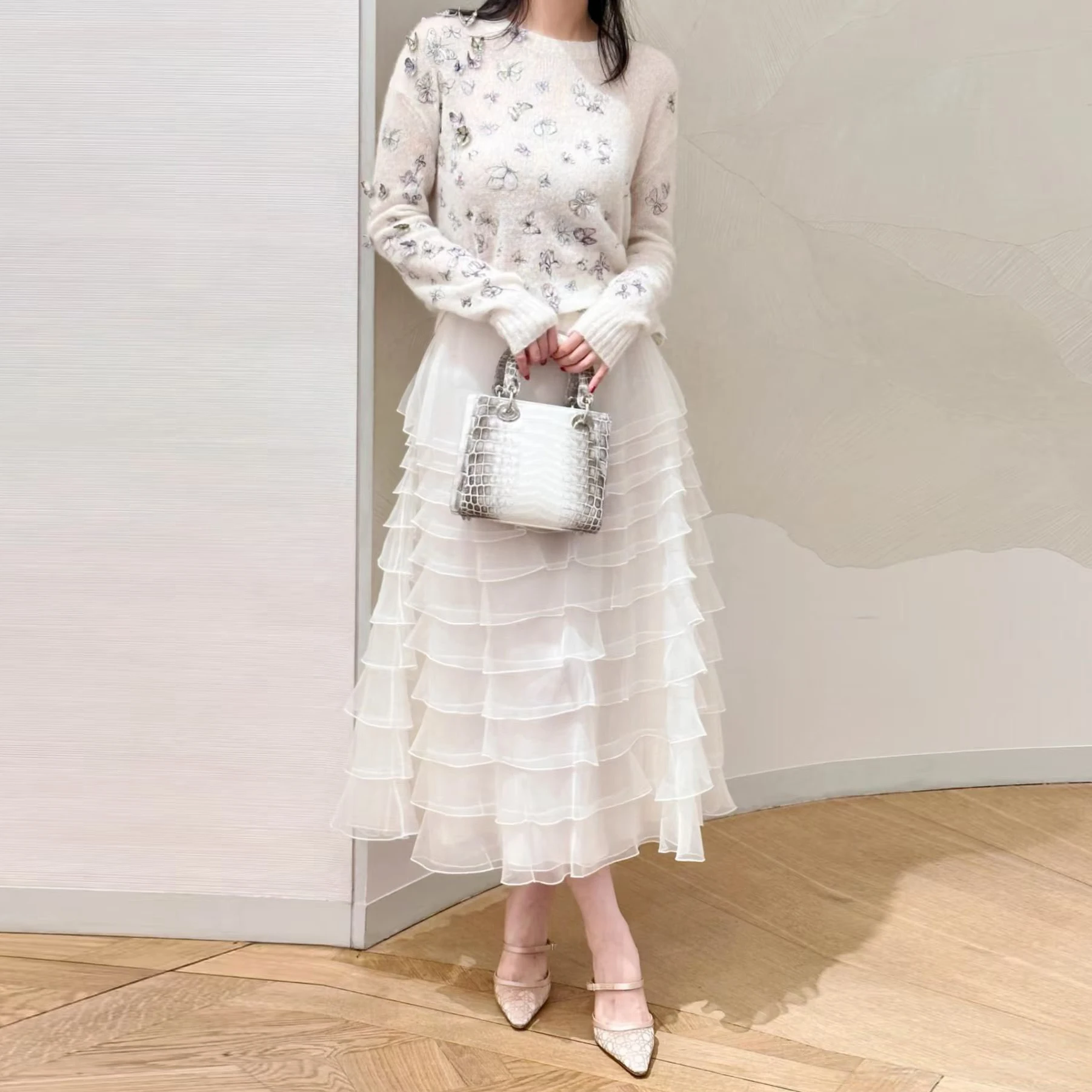 

Элегантная винтажная шелковая тюлевая юбка-полусолнце с многослойным дизайном, легкая, воздушная, в стиле ретро, модный комплект для женщин