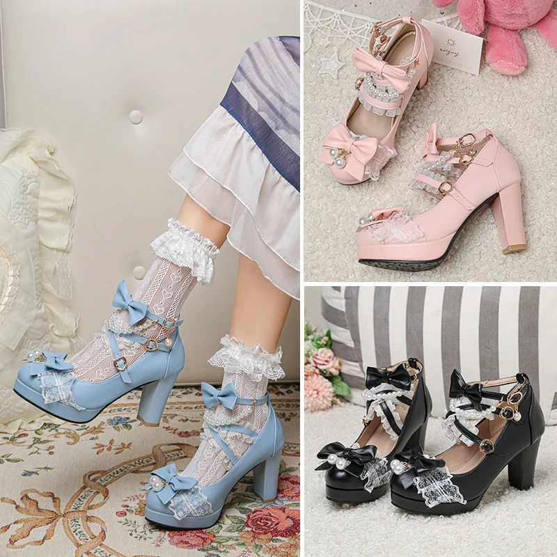 Lolita Japanese Pearl Bow Jk Sweet Cute Strap Super High Heeled Round Head Student Shoes Kawaii Girl Tea Party Cos Loli Vintage