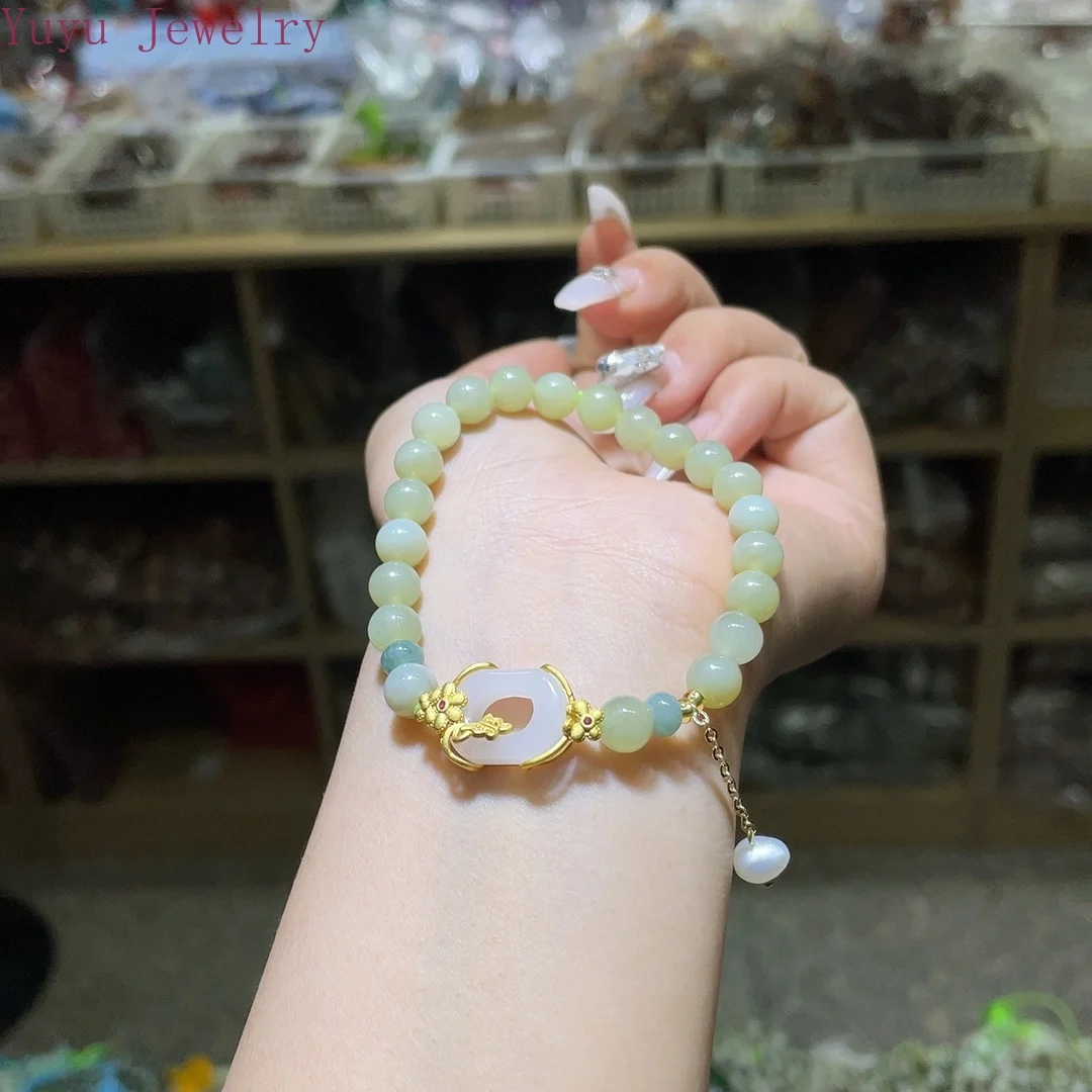 

Natural Hetian Jade Qing Water Green Hand String Lake Green Old Pearl Bracelet Men and Women Fashion Charm Jewelry Holiday Gift