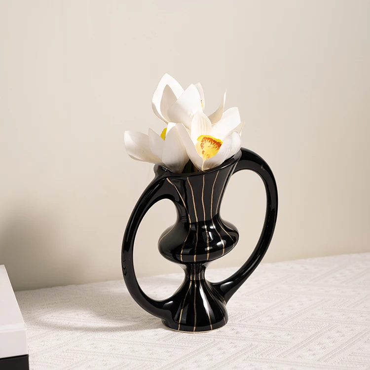 Modern Simplicity Black Creative Decorative Flower Vase for Home Decor Art Desktop Office Decorative Double Ear Cup Flower Vase