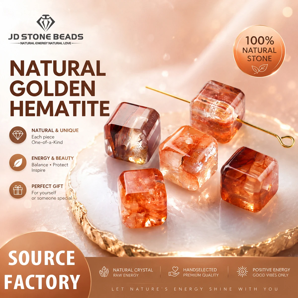 JD 1pc Natural Hematoid Quartz Cubic Square Gemstone Beads Fashion Accessories for DIY Bracelet Earring Jewelry Making