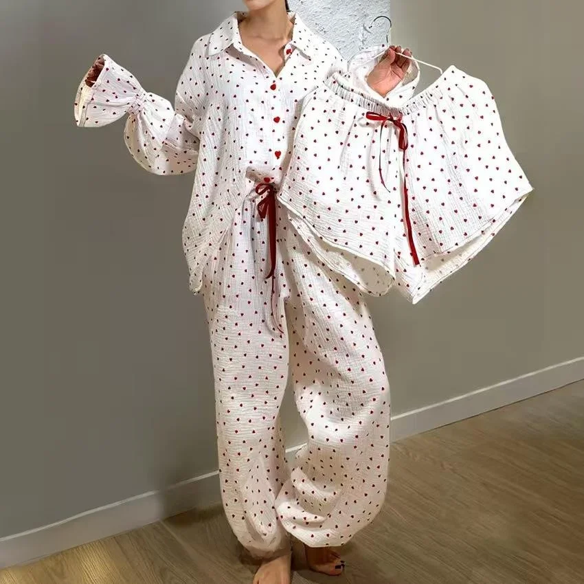 Pure Cotton Heart Print Sleepwear Three Piece Home Suit Short And Long Pants Comfortable Breathable Women's Nightgown Set