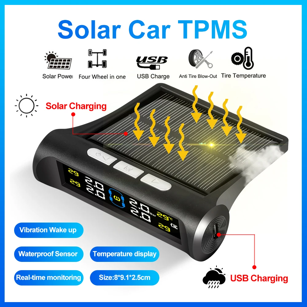 

4 External Sensors Car Solar Power TPMS Tire Pressure Alarm Colorful Digital Display Auto Warning Presssure Monitoring System