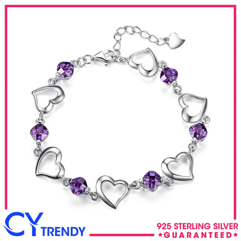

925 Sterling Silver Hearts Zircon Adjustable Chain Women's Bracelet Chain