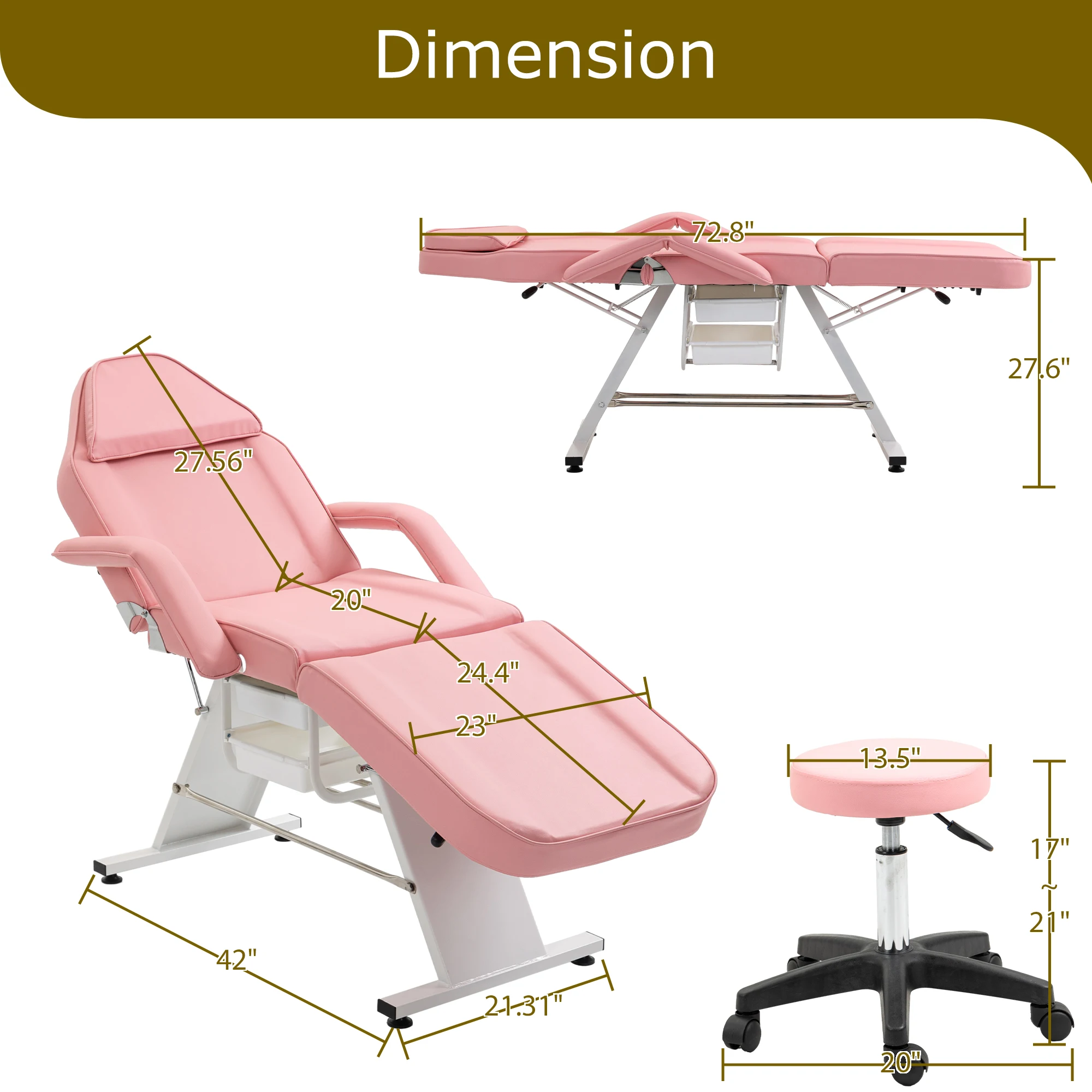 LZBEITEM Massage Salon Tattoo Chair with Two Trays Esthetician Bed with Hydraulic Stool,Multi-Purpose 3-Section Facial Bed Table