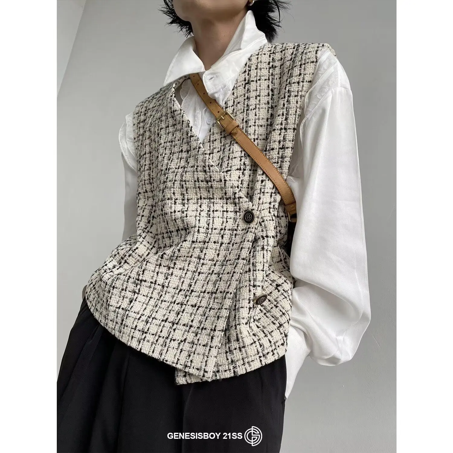 

Vests Waistcoats Thin Womens Vest Rhinestone Winter Tweed Houndstooth Three-Button Lapels Classical French Style Gentle Retro OL