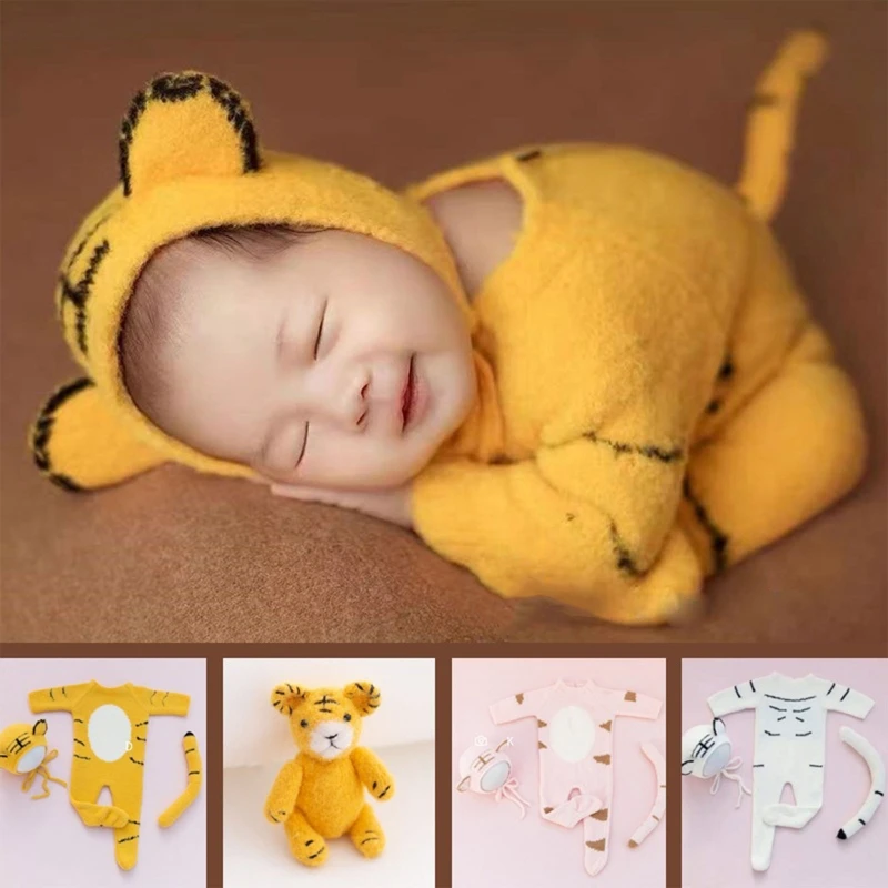 Newborn Photography Props Baby Cute Tiger Romper Hat  Tail Fotografia Clothe Dropshipping