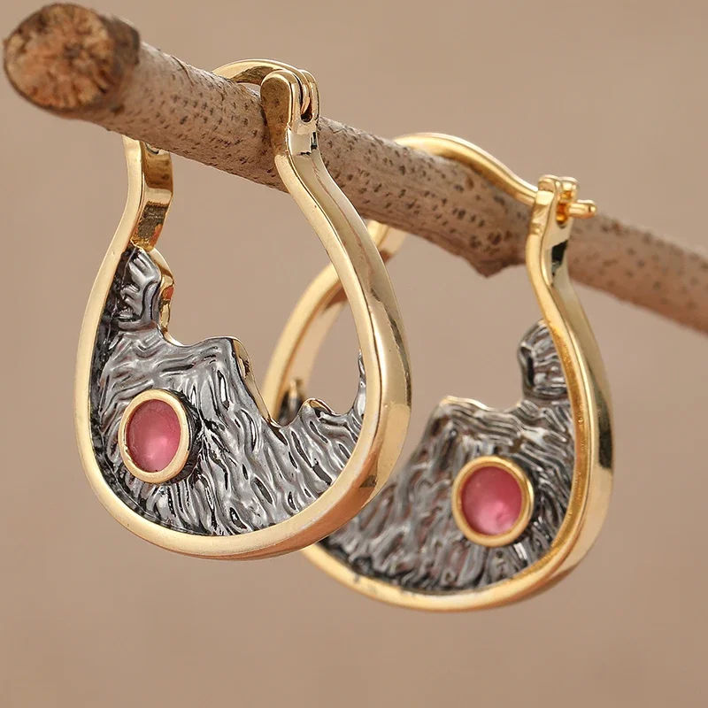 Vintage Inlaid Red Synthetic Zircon Mountain Peak Hoop Earrings Women's Unique Design Fashion Banquet Party Jewelry Accessories