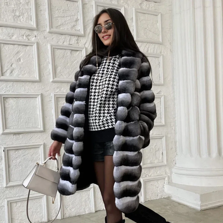 Women Natural Rex Rabbit Fur Coat With Fur Collar Warm Winter Jacket Women Warm Chinchilla Fur Jacket Real Fur Coat New