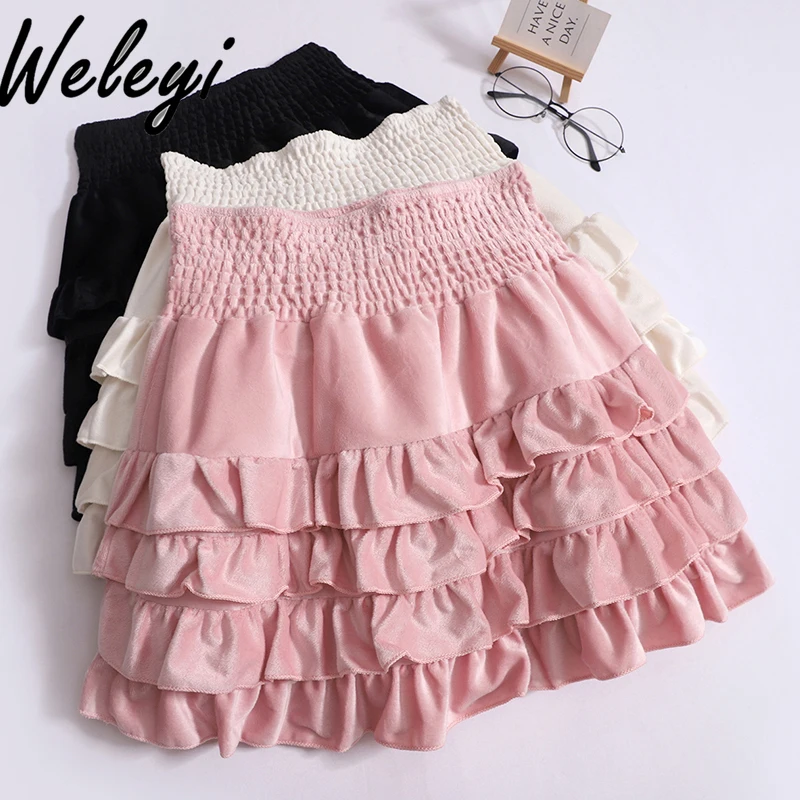 Cute Kawaii Skirt Woman Clothes 2024 Sweet Summer Fashion New High Waist Petite Ruffled Velvet Cake A Line Pleated Petti Skirts