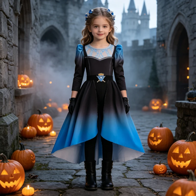 Girls Princess Costume Black Blue Gradient Long Sleeve Dress Kids Irregular Skirt Halloween Carnival Birthday Cosplay Outfit