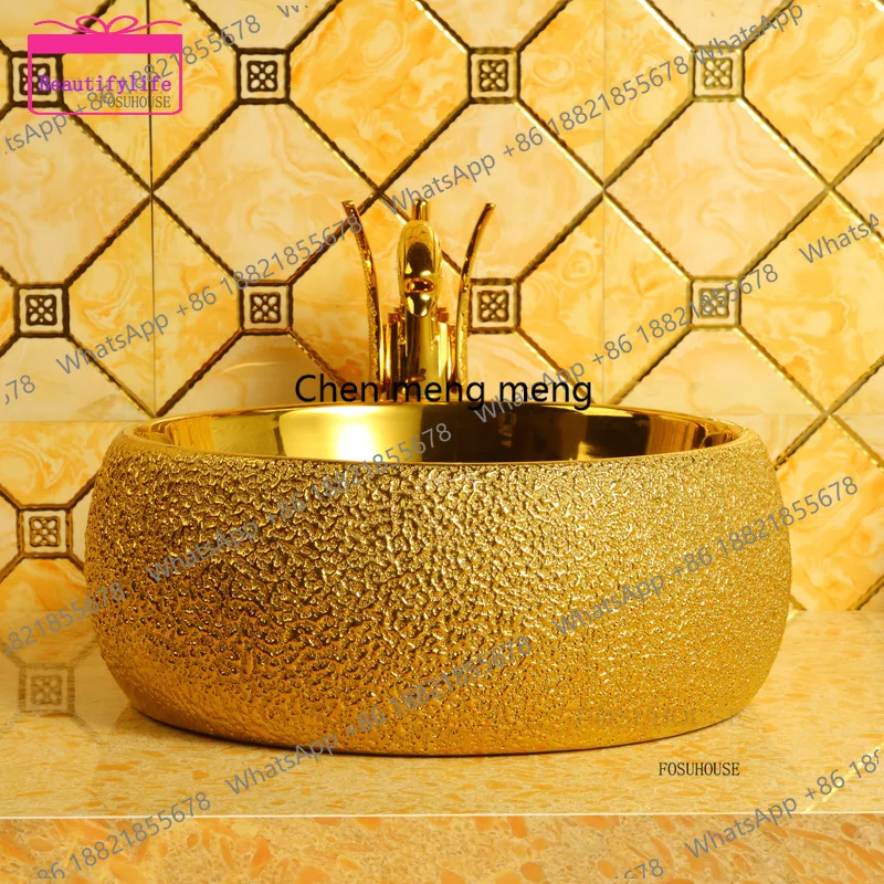 A17 Ceramic Round Bathroom Sinks Golden Above Counter Basin Simple Wash basin Light Luxury Household Washing Basin Kitchen Fixtu